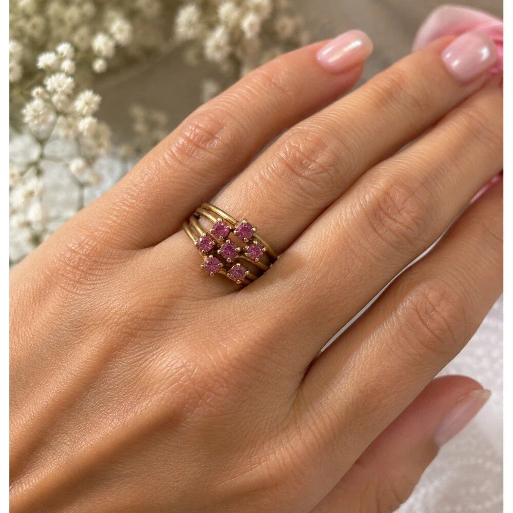 Vintage Gold Tone Pink Rhinestone Cocktail Ring, Size 6 Multi Band Retro Ring